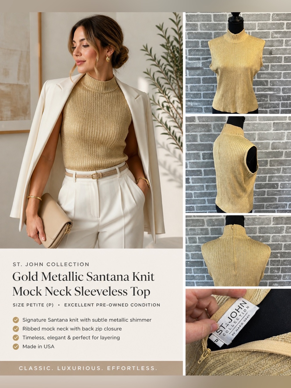 St John Collection Gold Metallic Santana Knit Mock Neck Sleeveless Top Petite P